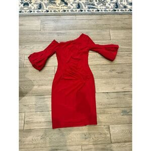 Betsy Adam Red Bell Sleeve Midi Side Ruched  Dress 10